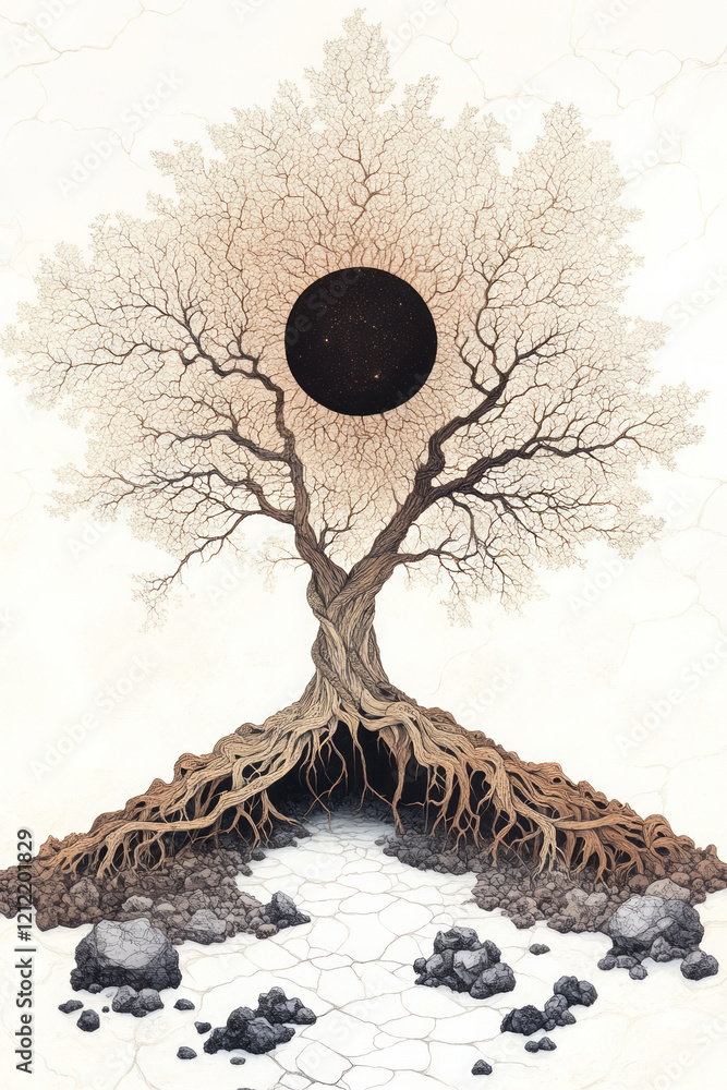 Poster a detailed illustration of mycelium networks encircling a tree trunk, integrating seamlessly with th