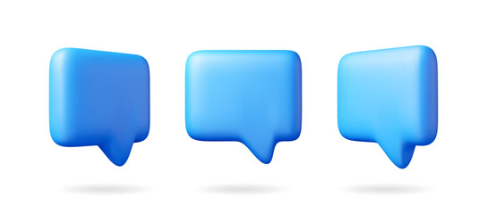 3D blue blank speech bubble set isolated on white. Render collection of chat balloon pin. Notification shape mockup. Communication, web, social network media, app button. Realistic vector illustration
