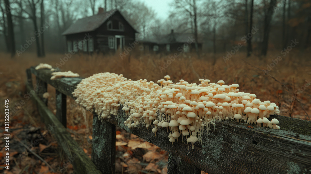 Aufkleber a dynamic scene of mycelium spreading across an old wooden fence, integrating nature with rustic hum