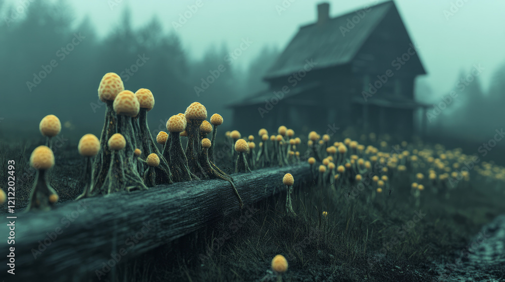 Aufkleber a dynamic scene of mycelium spreading across an old wooden fence, integrating nature with rustic hum