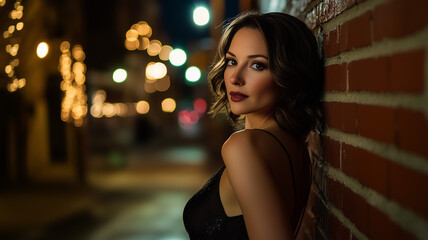 A photograph of an attractive woman in her late thirties, wearing a black dress, standing against the side wall of a brick building at night with city lights behind her. Ai generated