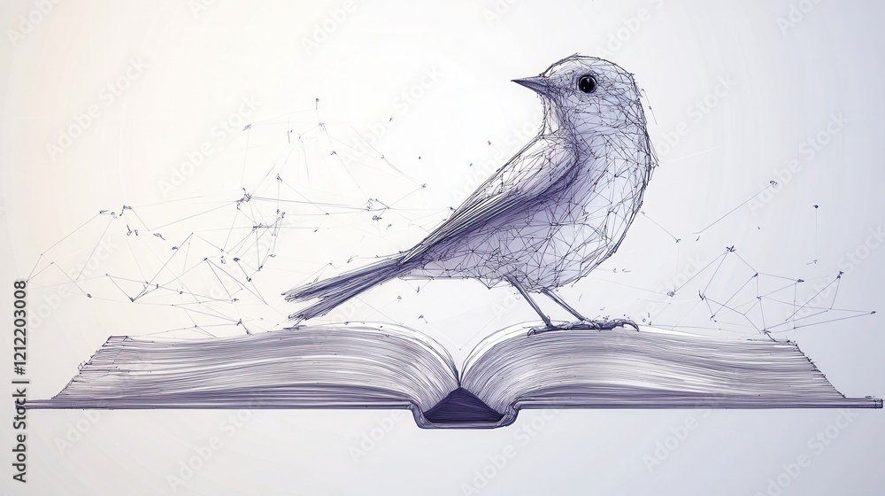 Poster bird on book sketch, elegant continuous line design featuring a bird resting on an open book, minima
