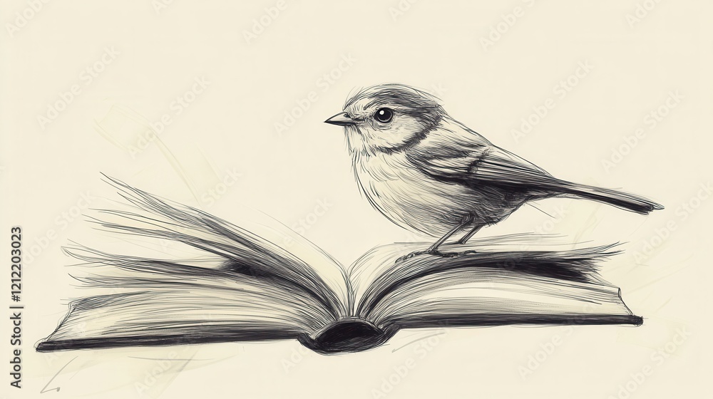 Poster continuous line art of a bird on an open book, elegant simplicity, creative expression, merging natu