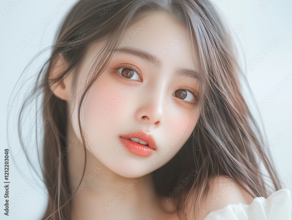 Poster 美肌の若くて可愛いアジア女性モデルの美容ポートレート。あどけない表情をしている可憐な美少女。