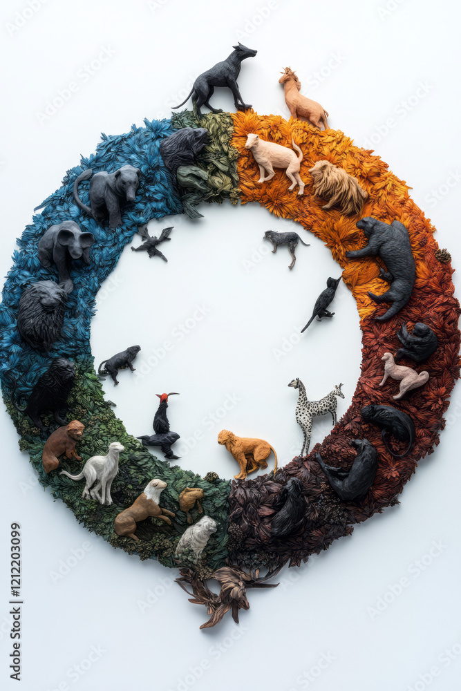 Poster an artistic representation of humans forming a circle with animals and plants around them, creating 