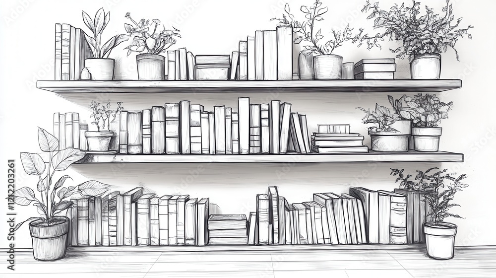 Poster bookshelf serenity, an elegant continuous line sketch showcasing a bookshelf brimming with books and