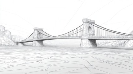 Fototapeta premium Continuous line drawing of a bridge over a river, minimalist design, low poly aesthetic, flowing shapes, harmonious composition