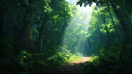 Golden sunbeams illuminate a lush verdant forest path creating a tranquil and serene nature scene