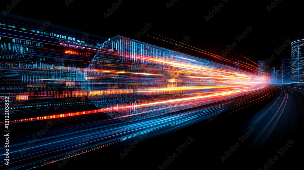 Poster data stream at night: a dynamic depiction of a data stream hurtling through a cityscape at night, it