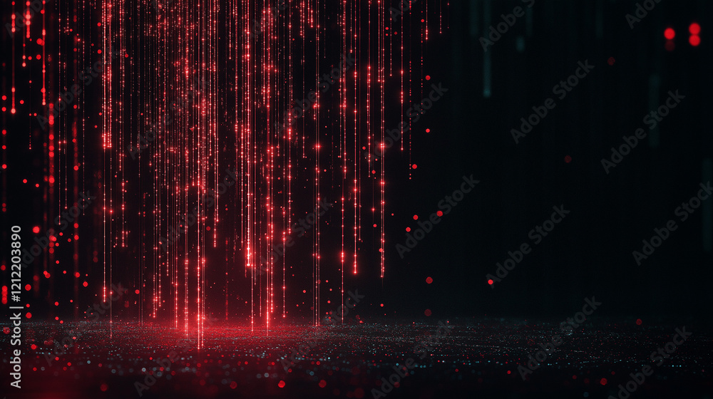Poster red digital rain: a mesmerizing abstract visual of cascading digital red rain, composed of countless