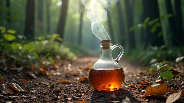  Steaming glass jar of potion on a forest path.