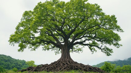 Majestic Ancient Tree with Exposed Roots in Lush Landscape