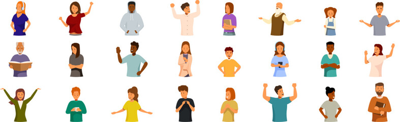 Extravert introvert people icons set. Diverse group of people expressing various emotions and gestures, showcasing effective communication through body language © nsit0108