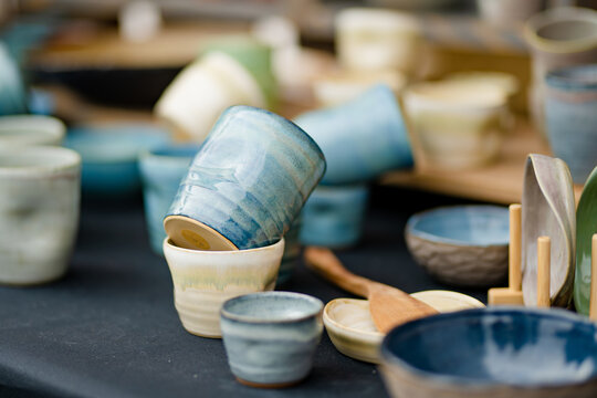 Ceramic dishes, tableware and jugs sold on Kaziuko muge or Kaziukas fair, traditional Easter market in Vilnius, Lithuania