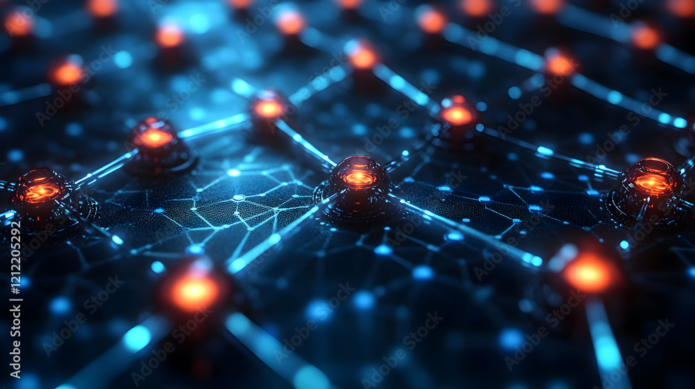 Poster abstract network connections: glowing nodes and digital grid