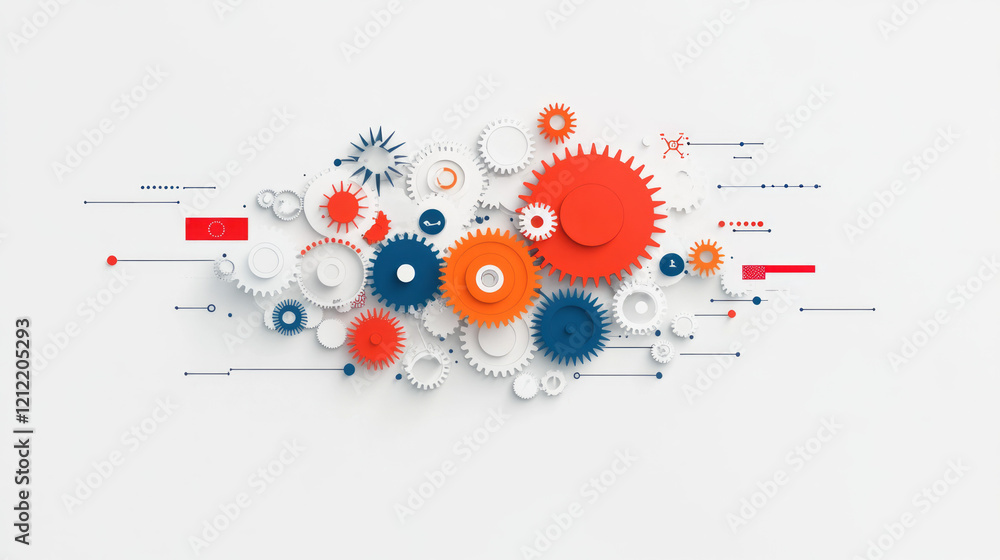Poster a minimalist illustration of interconnected gears and cogs with flags from different countries, symb