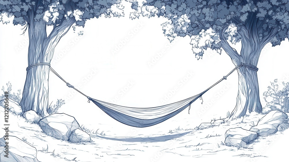 Poster hammock serenity in nature, a minimalist line art depicting a hammock suspended between two trees, e