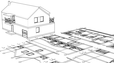 house traditional architecture plan 3d illustration	
