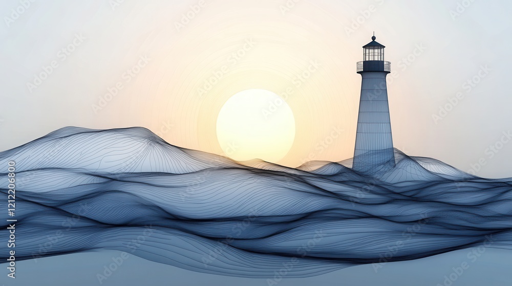 Poster Lighthouse by the Sea, a continuous line sketch capturing a lighthouse amidst crashing waves in a low poly style, evoking tranquility and strength.