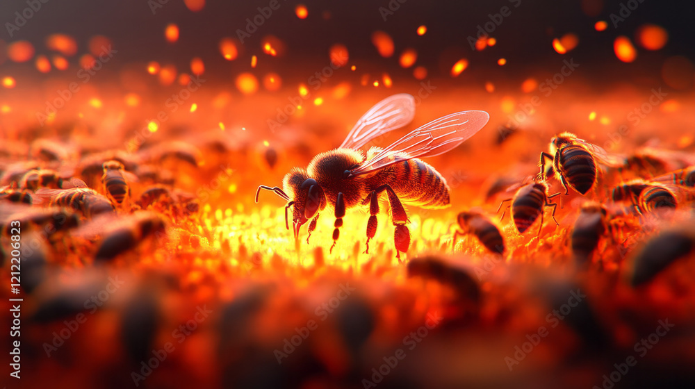 Poster a mesmerizing macro view of a honeybee collecting nectar from a bright sunflower, emphasizing the fi