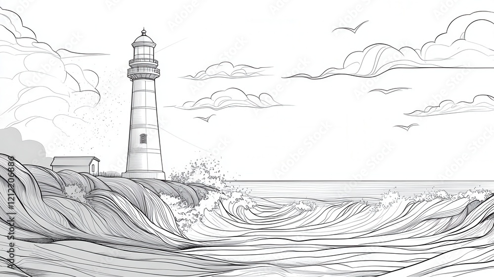 Poster lighthouse waves continuous sketch, minimalist design captures a lighthouse standing strong against 