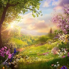 Obraz premium Idyllic spring meadow landscape with blooming flowers and trees under a warm sunset.