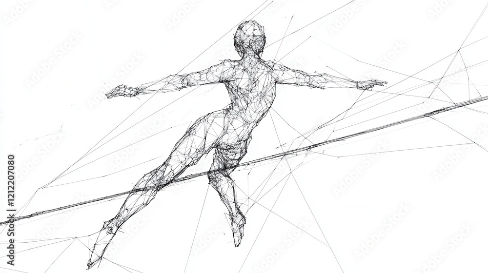 Poster tightrope walker in continuous line art, a minimalist representation of balance and focus, showcasin