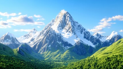 Fototapeta premium Majestic Snow-Capped Mountain Peak with Lush Green Valley Below