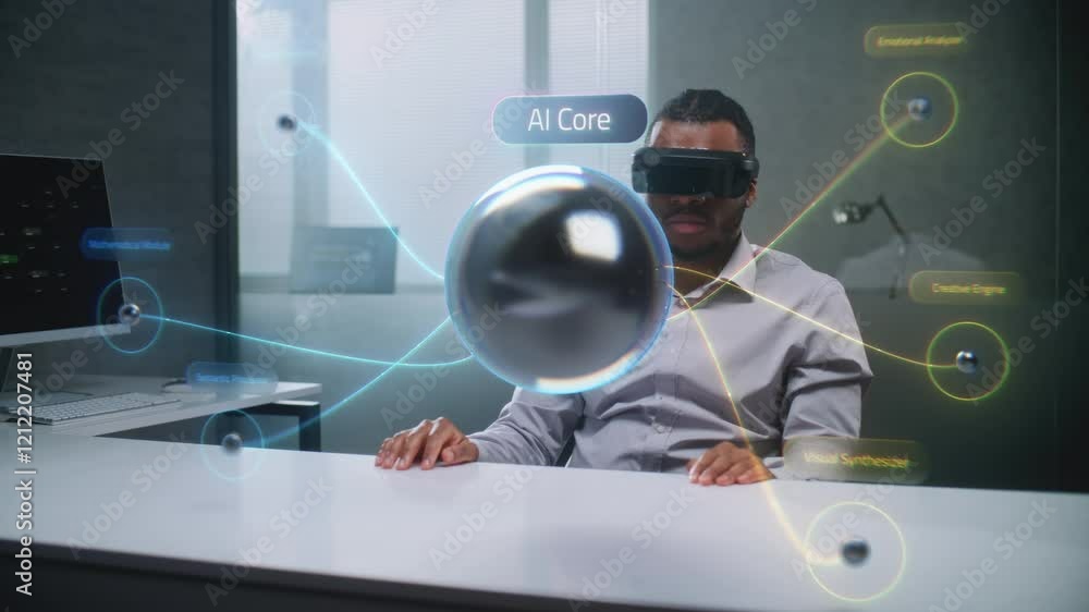 Fototapete african american engineer uses augmented reality headset to visualize virtual 3d holographic model o