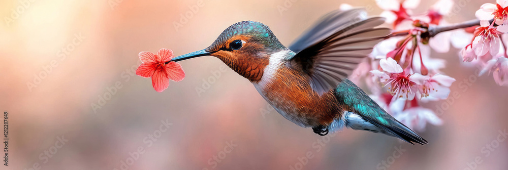 Poster a captivating macro view of a hummingbirdâ€™s beak dipping into a flower, emphasizing the birdâ€™s p
