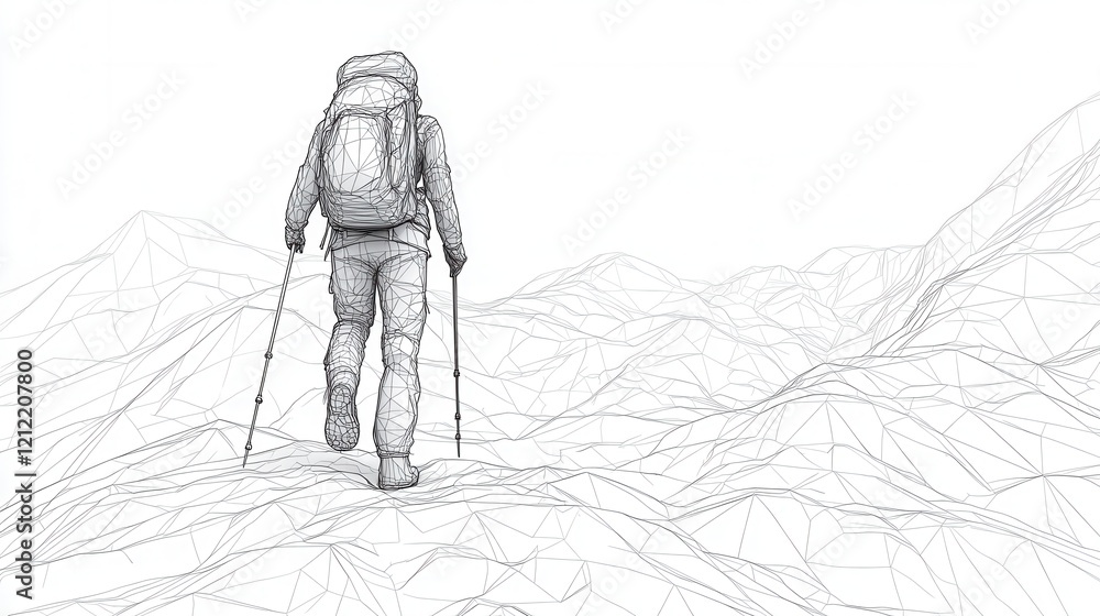 Poster hiker ascending trail, continuous line art depicting a figure with a backpack navigating a winding p