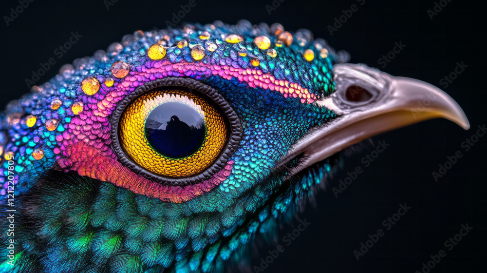 Poster a vibrant macro close-up of a peacockâ€™s feather, showcasing the iridescent colors and detailed eye
