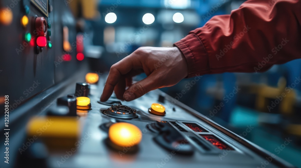 Poster a person's hand presses a button on a control panel with glowing lights in a factory
