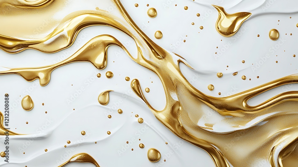 Aufkleber a fluid abstract design featuring shimmering gold swirls and droplets on a light background, creatin
