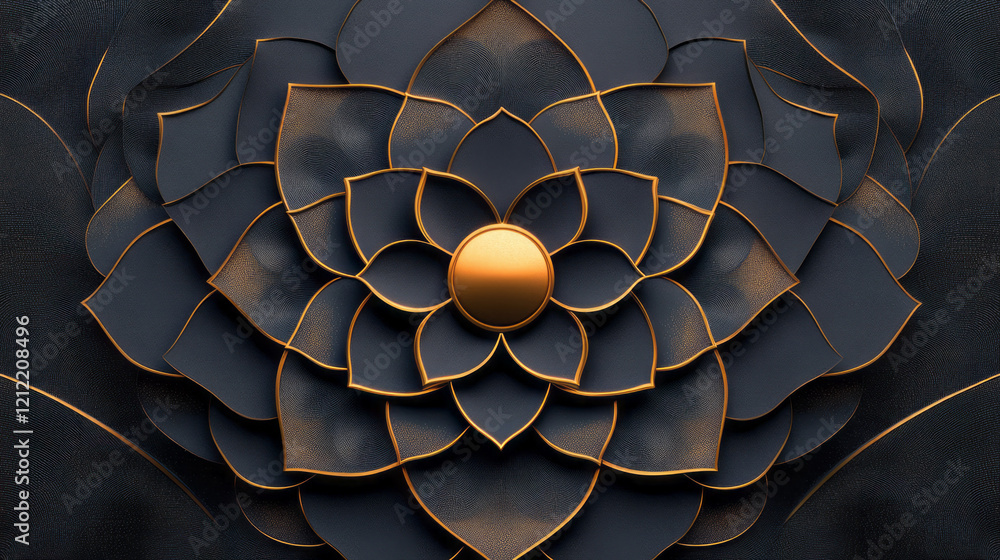 Poster an intricate geometric mandala with layered concentric shapes and intricate line work, rendered in g