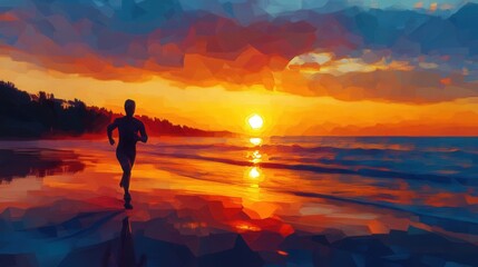 Obraz premium Jogger on Beach at Sunset, a continuous line sketch depicting a solitary figure running along the shore as the sun sets on the horizon