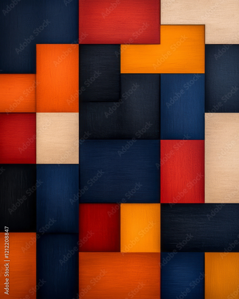Aufkleber a bold abstract design with large, overlapping squares and rectangles in vibrant colors, forming a c