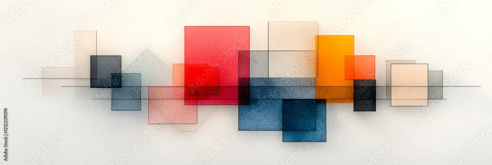 Poster an abstract geometric artwork featuring layered transparent shapes in various sizes, creating a mult