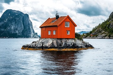 A picturesque red cabin perched on a rocky island in a serene Norwegian fjord, surrounded by majestic mountains.