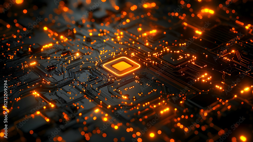 Poster glowing microchip circuit board: abstract technology background