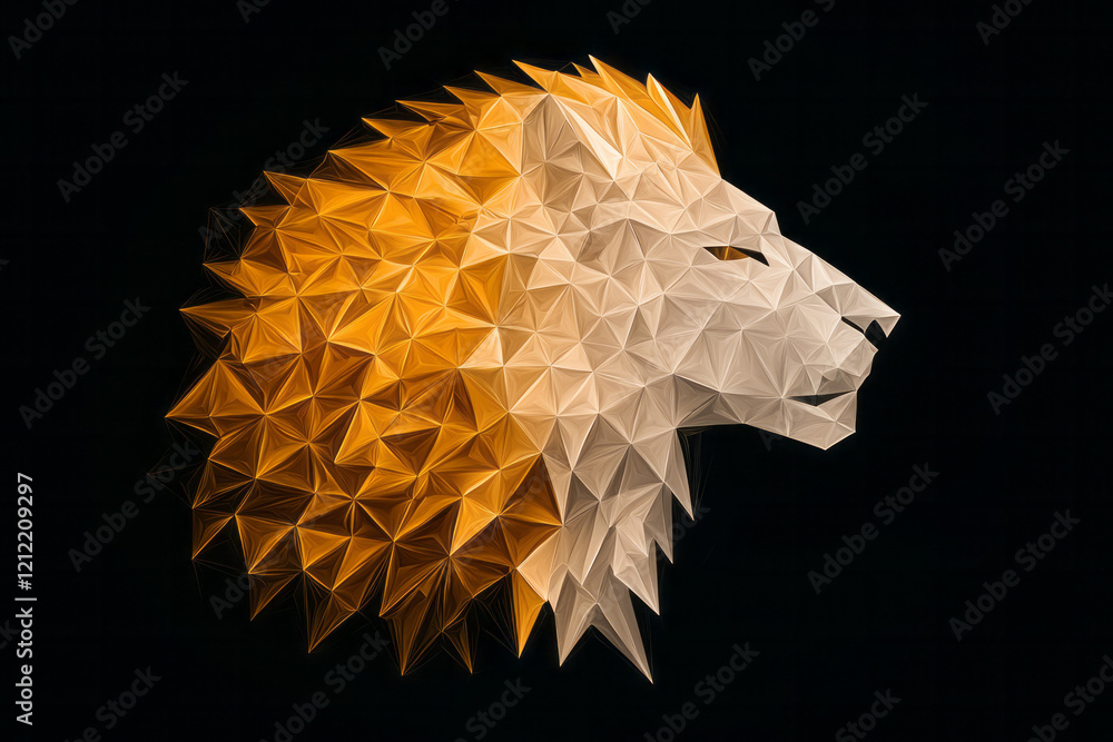 Poster a stunning abstract geometric lion composed of interlocking triangles and sharp lines in golden and 
