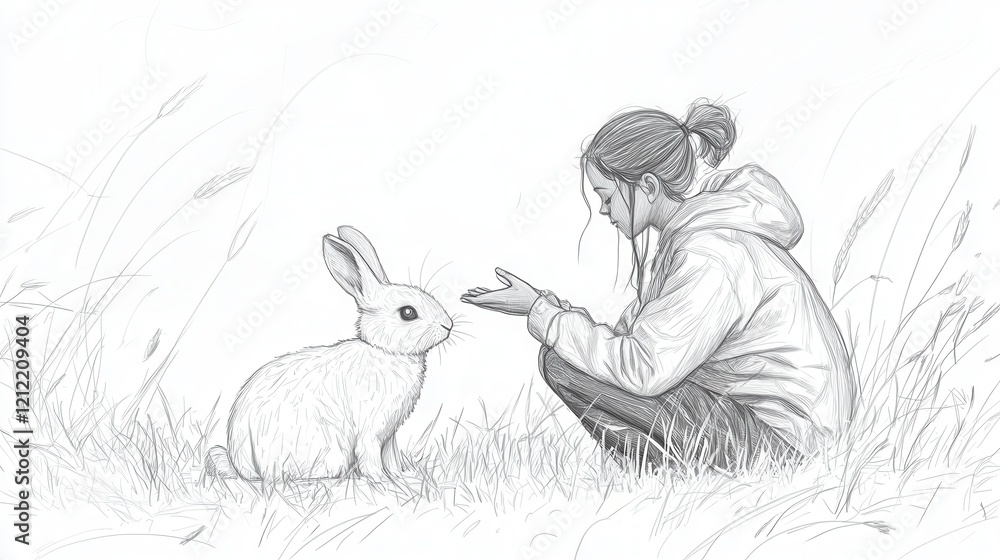 Poster continuous line drawing of a figure gently petting a rabbit amidst a lush grassy field with a low po