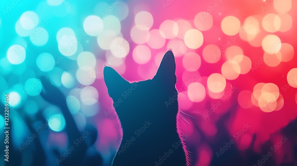 Poster a silhouette of a cat is framed against a vibrant background of colorful bokeh lights, creating a wh