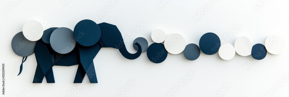 Poster an elegant abstract geometric elephant formed by overlapping circles and hexagons in shades of grey 