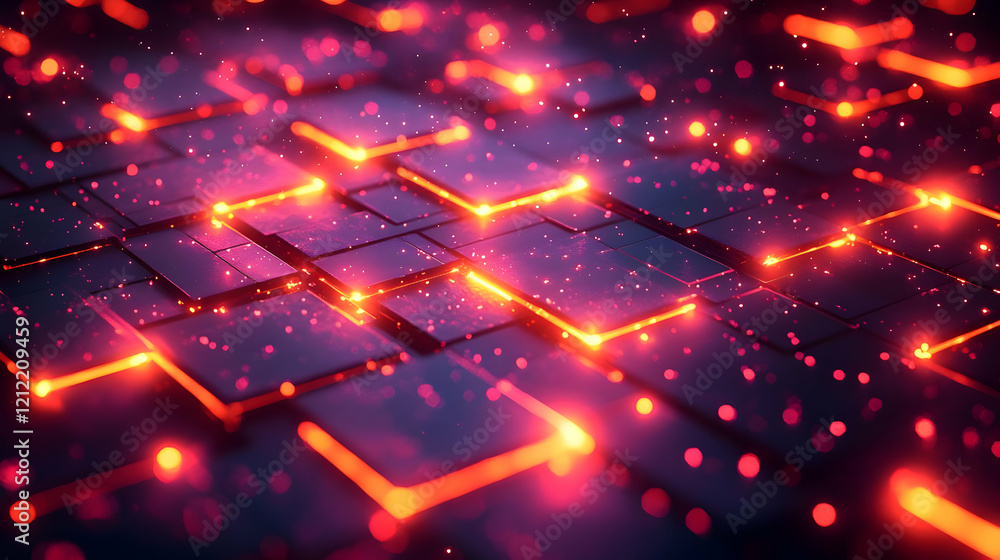 Poster glowing cube grid abstract background with red and orange energy lines