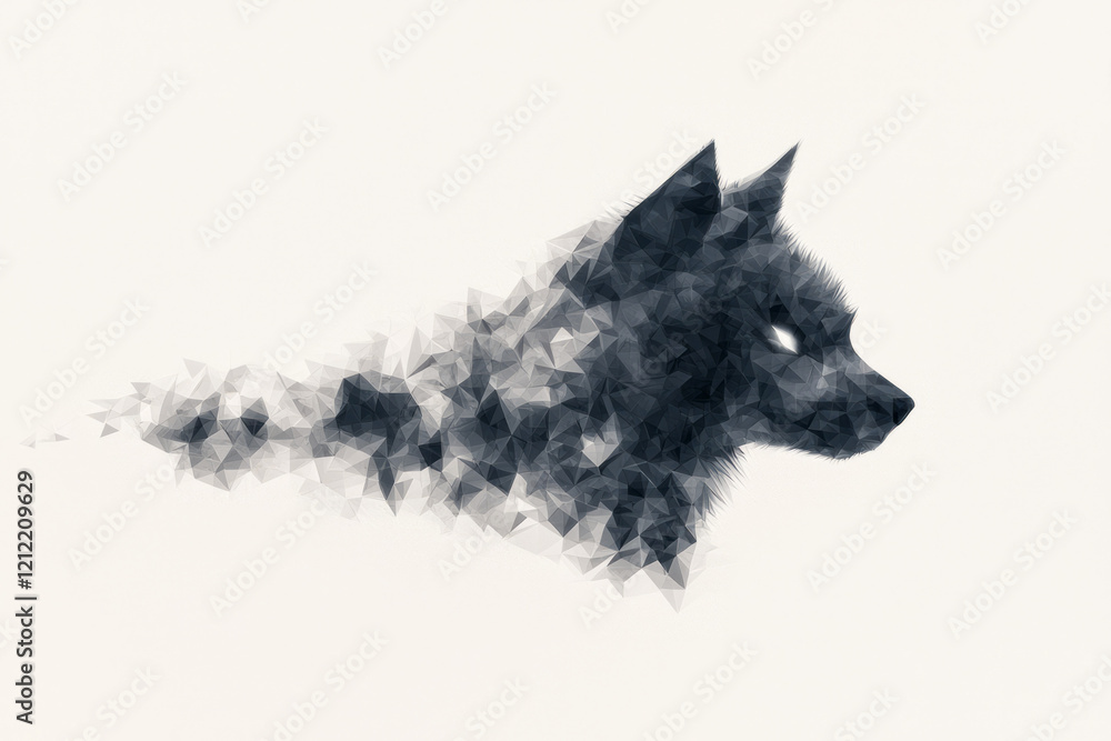Poster a dynamic abstract geometric wolf crafted from sharp triangles and cool grey tones, emphasizing loya