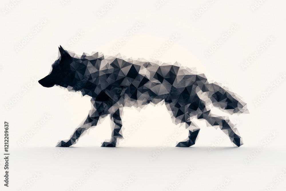 Poster a dynamic abstract geometric wolf crafted from sharp triangles and cool grey tones, emphasizing loya