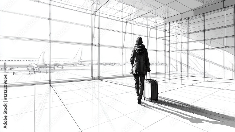 Poster continuous line sketch of a traveler with a suitcase at the airport, low poly style, capturing movem