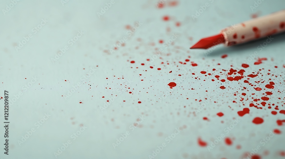 Poster a close-up of a red marker lying on a blue surface, surrounded by splatters of red ink, creating an 