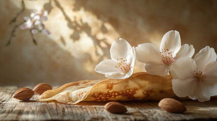 Fluffy pancakes adorned with cherry blossoms and almonds on a rustic wooden table during Candlemas